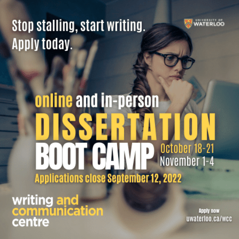 Dissertation Boot Camp image with a person looking at their laptop with a confused expression.