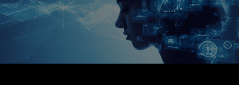 A silhouette of a female woman looking down with holographic images overlayed