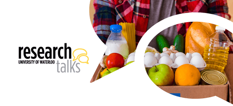 Research talks logo with an image of milk and fruits in a box in the shape of a speech bubble