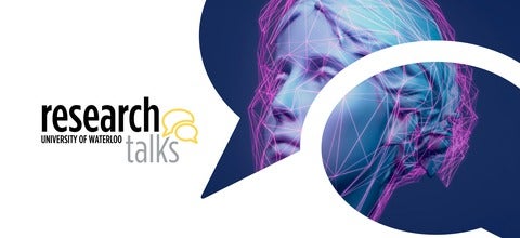 Research talks banner with an illustration of woman's face with neon lines outlining features