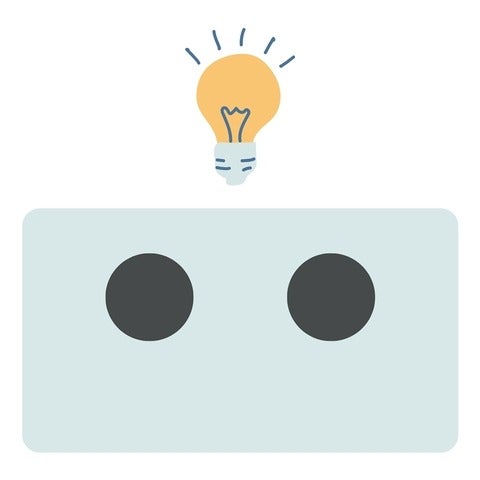 Drawing of light bulb and two black dots in light blue rectangle 