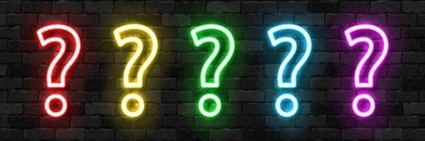 Five question marks in neon colours