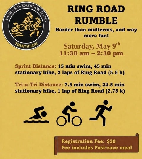 Ring Road Rumble triathalon event posted. Saturday, May 9th