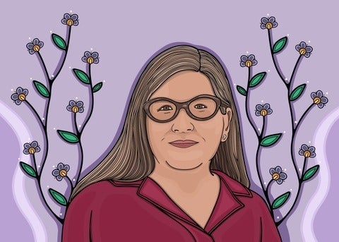 Illustration of Sarah Deer against a background of flowing vines