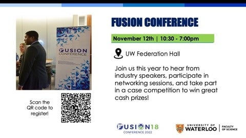 Fusion Conference event banner with description and an image of a student at the conference on the left.