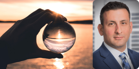 A collage of two photos. The left photo shows a person holding a clear sphere in front of a sunset. The second photo features Raed Kadri.