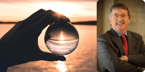 A collage of two photos. The left photo shows a person holding a clear sphere in front of a sunset. The second photo features Ted Hewitt.