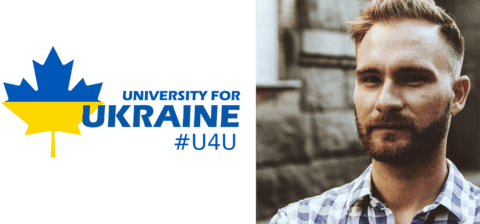 The University for Ukraine logo with a headshot of Christian Borys