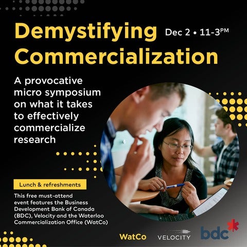 Demystifying Commercialization event image with an image of a professor and student
