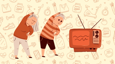 Two cartoon elders stretching in front of tv