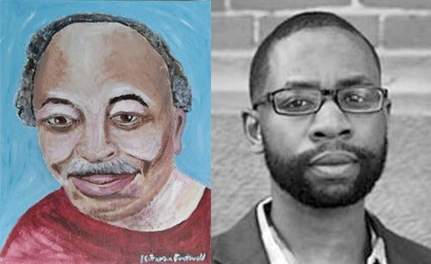 A painted sketch of George Elliot Clarke and a photo of Dr. Wendell Adjetey 