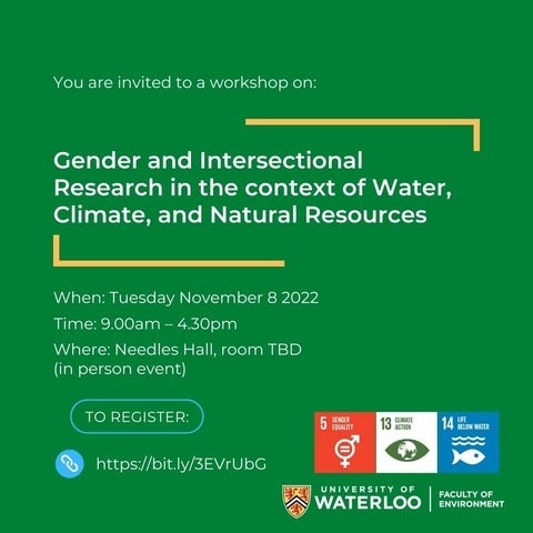 Workshop on Gender and Intersectional Research in the context of Water, Climate, and Natural Resources poster with white text on a green background