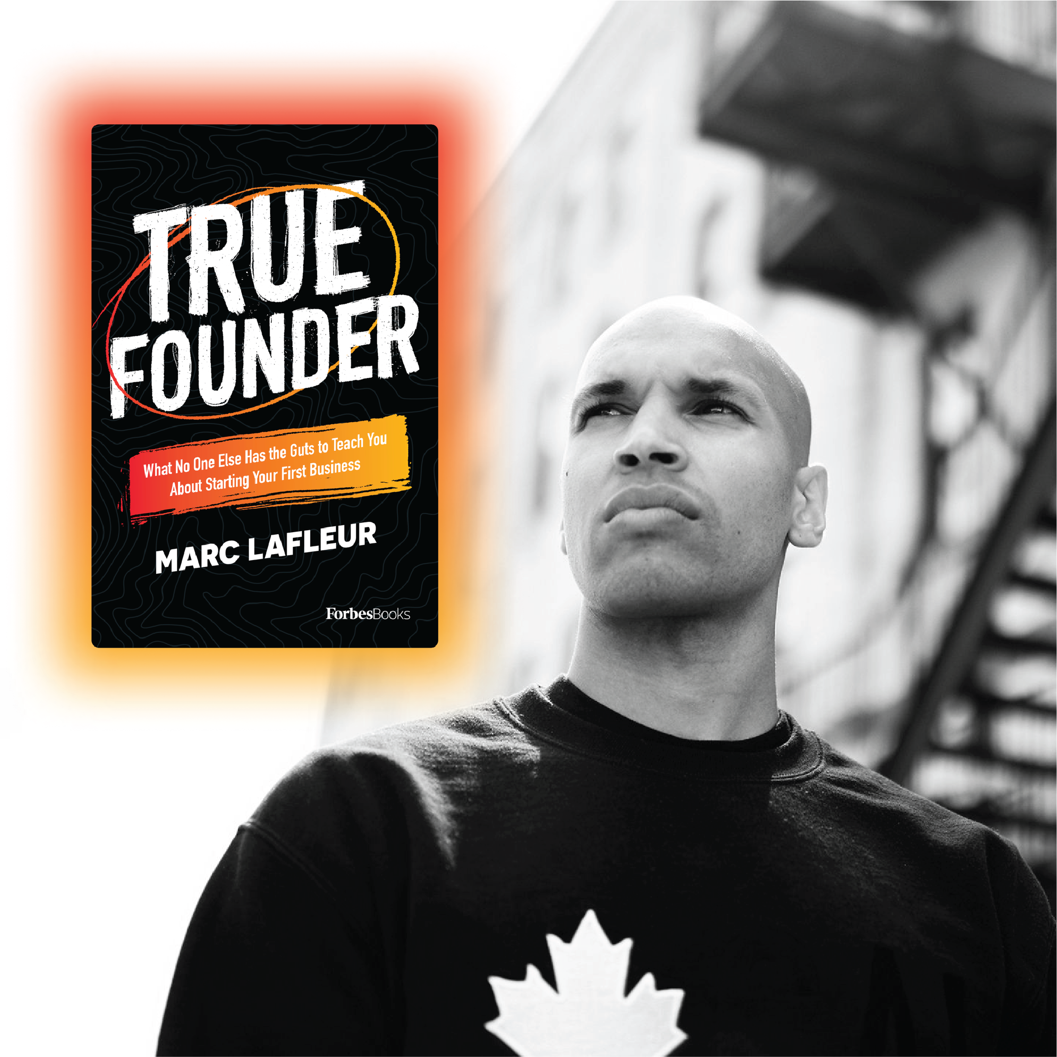 Marc Lafleur with the cover of the True Founder book.