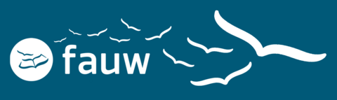 The FAUW logo is an open book with pages flying away like birds.