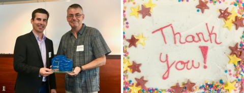 Left: Bryan Tolson with Stewart Forrest and his award. Right: Cake with yellow and purple stars and the words "thank you!"
