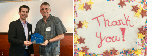 Left: Bryan Tolson with Stewart Forrest and his award. Right: Cake with yellow and purple stars and the words "thank you!"