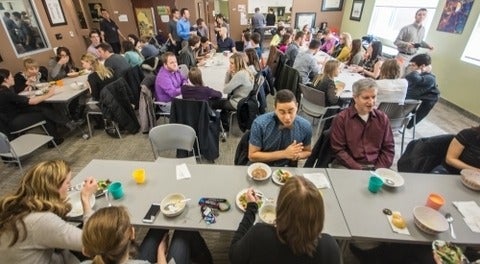 Students, staff, and faculty gathered at the Waterloo Indigenous Student Centre for soup and bannock