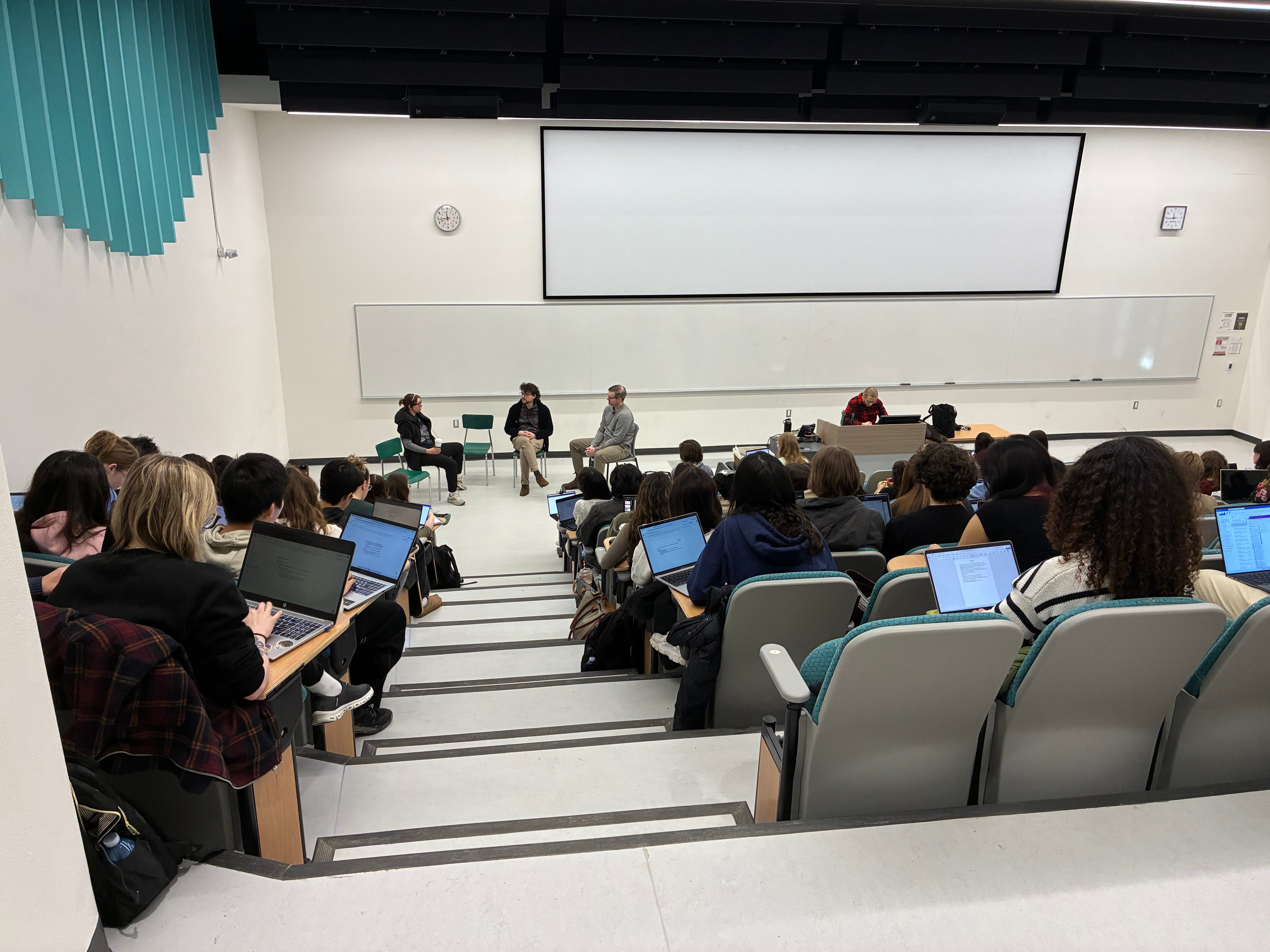 Class observes live simulated family therapy sessions conducted by the the instructor (serving as the family therapist) and the actors theatrically formed into a family.