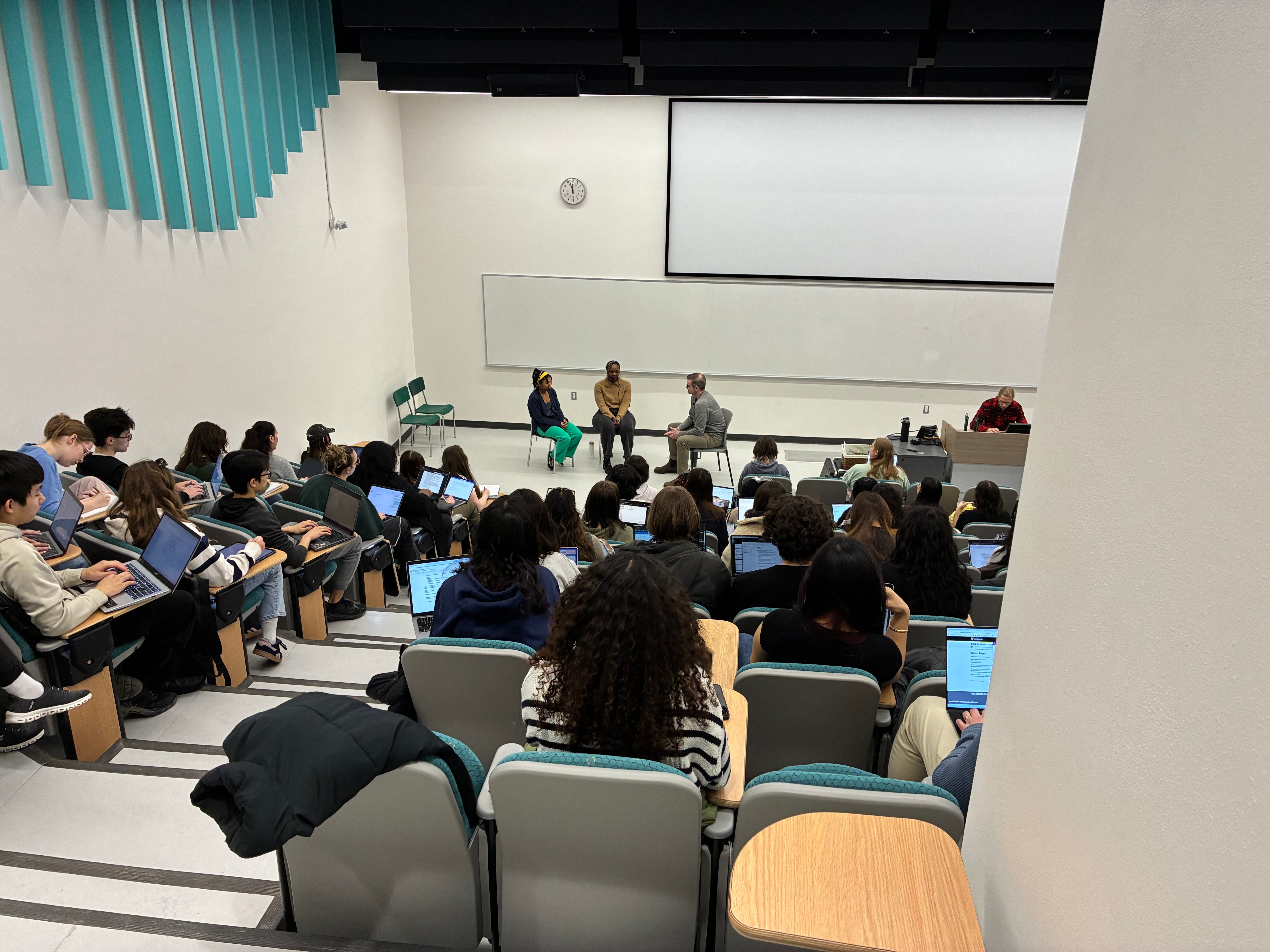 Class observes live simulated family therapy sessions conducted by the the instructor (serving as the family therapist) and the actors theatrically formed into a family.