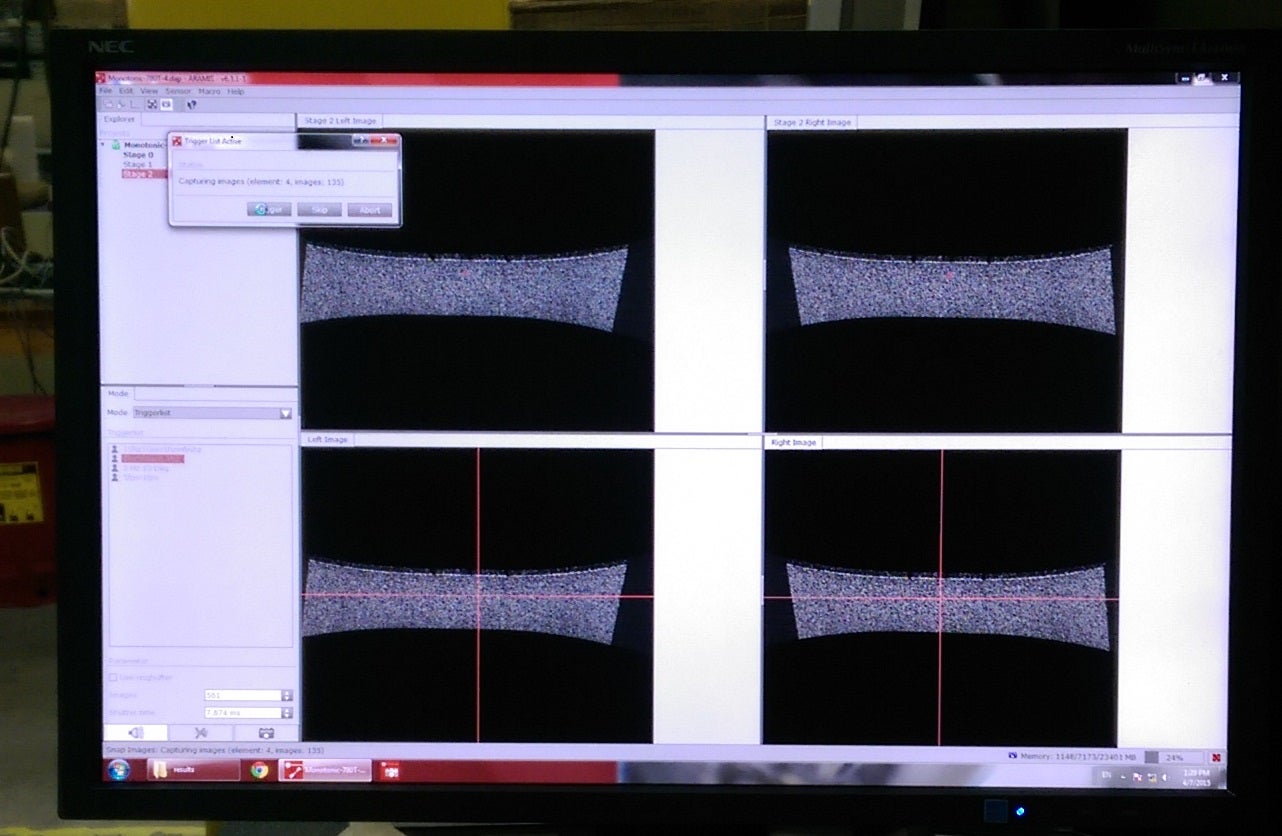 computer screen of DIC camera showing 4 pictures of the test specimen