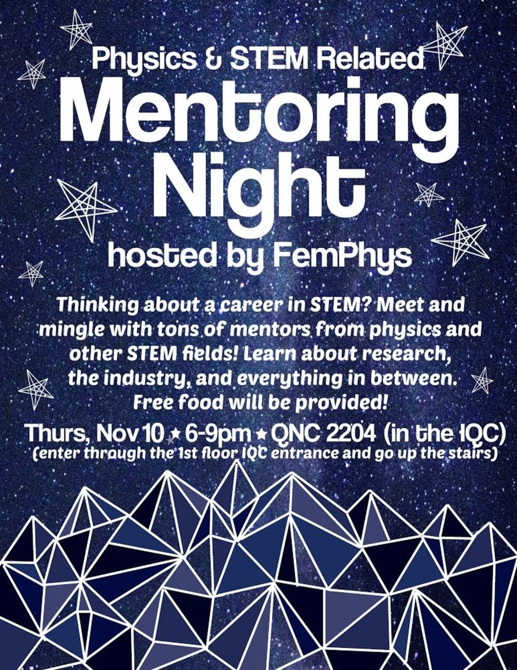 Mentoring Night event information in white letters on a blue starry background.