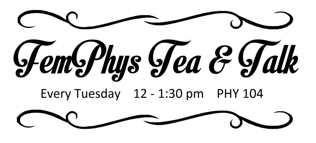 FemPhys Tea & Talk in a curly black font on a white background.