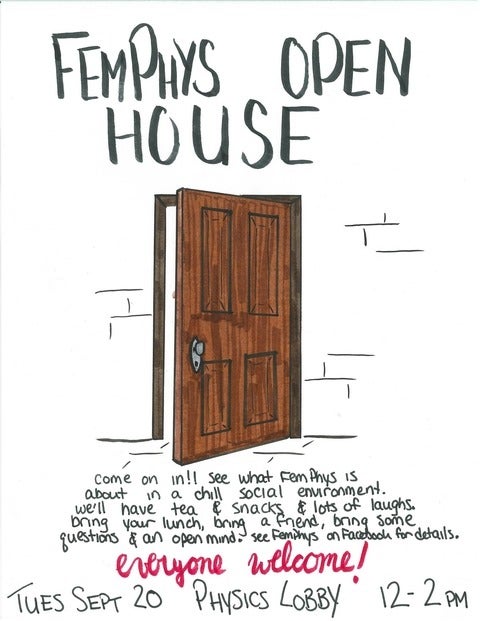 A poster with the words "FemPhys Open House" above an image of a wood door that is ajar against a black and white brick wall.