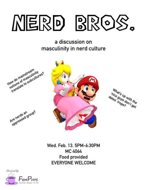 Mario carrying Peach surrounded by questions about nerd masculinity and culture