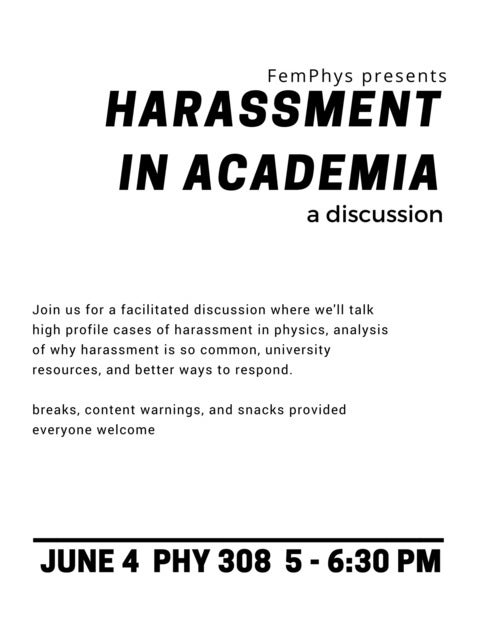 "harassment in academia" and description in large black font on white background
