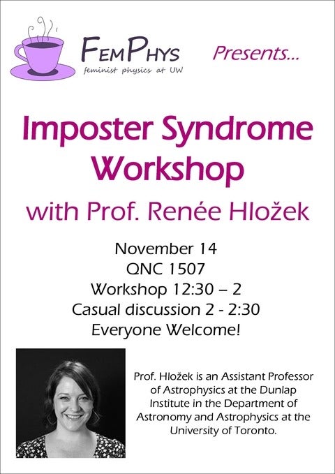 "Imposter Syndrome Workshop" in magenta lettering on a white background