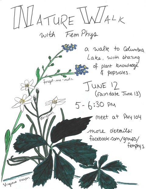 hand drawn Virginia creeper, starflower, and forget-me-nots, with event information