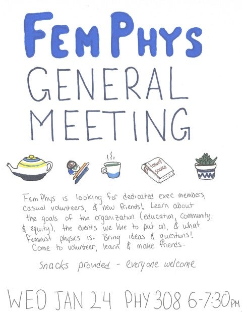 "FemPhys General Meeting" in blue text, with handdrawn teapot, teacup, and succulent.