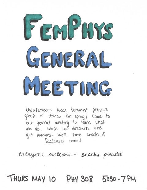 "femphys general meeting" in blue and green bubble letters