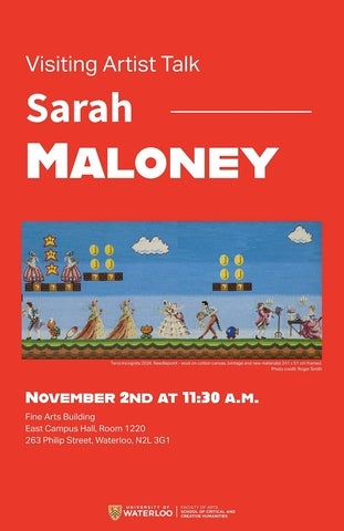 Poster for a visiting artist talk by Sarah Maloney on Monday, November 2 at 11:30 a.m. in East Campus Hall 1220 with a photo of an needlepoint artwork depicting a video game with figures in 18th century costume.