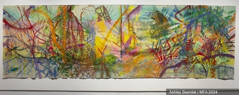 Painting by Ashley Beerdat. Painting, on canvas fabric pinned to the wall, of a brightly coloured, abstract, tropical landscape.