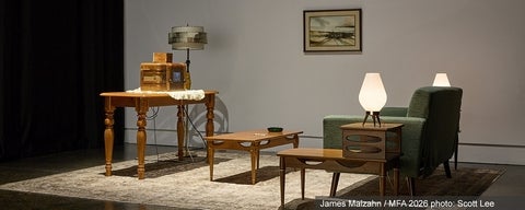 Artwork by James Malzahn. A mid-century decor living room set organized around a 1940s television broadcasting AI generated content.
