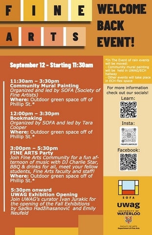 Poster for the Fine Arts welcome back event, all text repeated on the webpage.