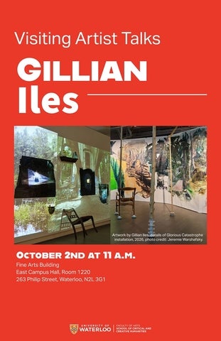 Poster for a visiting artist talk by Gillian Iles on Friday, October 2 at 11 a.m. in East Campus Hall 1220 with a photo of an art installation with landscapes painted and projected on the walls as well as chairs and small tree trunks, balanced on teacups, in the room.