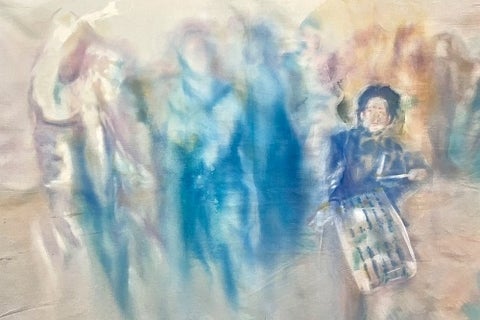 Artwork of ink-wash painting of multiple ghostly figures is shades of blue and yellow.