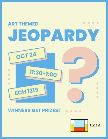 Poster for Sofa's art-themed jeopardy event on October 24 from 11:30am to 1 pm in ECH 1219.