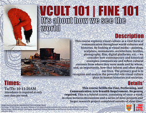Poster for Vcult 101 with the text that is on the website decorated with an image of a person wrapped in red ribbon and an image of a polluted industrial landscape.