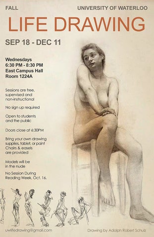 Poster for fall 2024 life drawing sessions with a figure drawn from the front and same text as on the webpage.