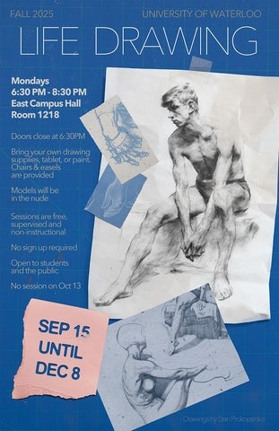Poster for fall 2025 life drawing sessions with a collaged pattern of several figure drawing and same text as on the webpage.