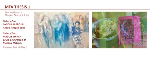 Banner for 2025 MFA 2 exhibition, all info in event listing, images of an ink-wash painting of multiple ghostly figures is shades of blue and yellow and a green and pink digital collage of transparent photos of food.