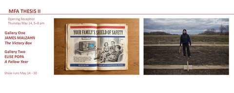 Banner for 2025 MFA 2 exhibition, all info in event listing, images of a 1950s style brochure showing a family in front of a "Victory Box" and a photograph of a single person standing in an empty field.