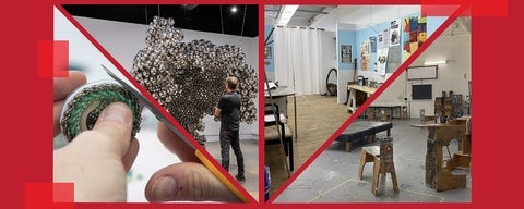 Four photos in triangular shapes arranged in a rectangular shape.  Images show a person's hands using scissors to trim a beaded medallion; person stands before a large handing sculpture of steel spheres; an artist studio with tables artwork in a wall; studio classroom with benches around a central platform.