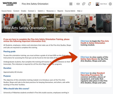 Screen capture of UW Learn page for Fine Arts Health and Safety Orientation with a large red arrow pointing to the Safety Data Sheet link