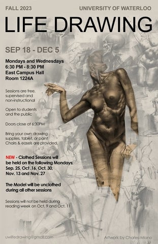 Poster for fall 2023 life drawing sessions with a figure drawn from the front and same text as on the webpage.