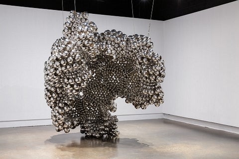 Sharl G. Smith, "Shelter II", 2023, metal beads, steel cable. Photo Scott Lee.
