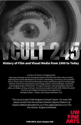 Poster for VCULT 245 showing a black and white image of an eye looking through a lens.  All text repeated on the website.